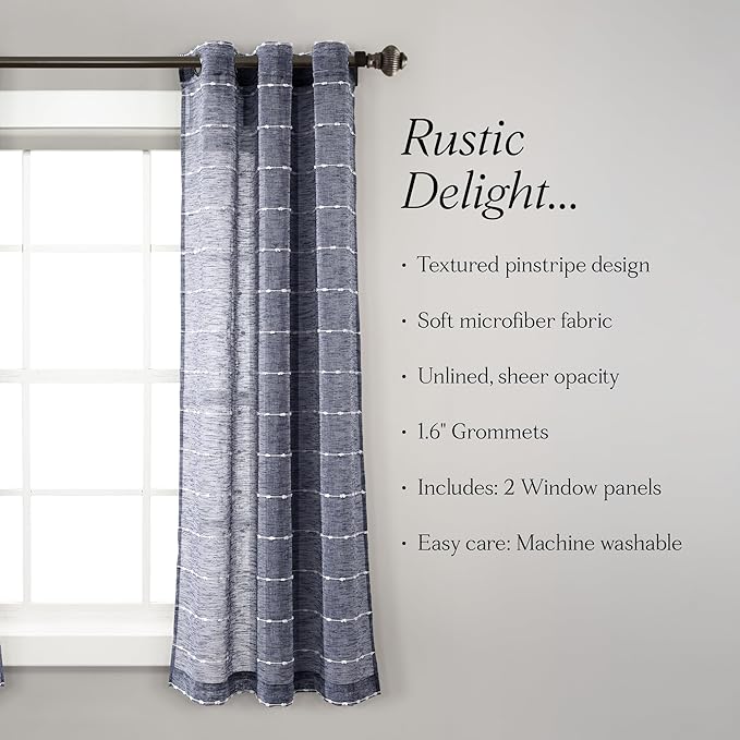 Lush Decor Farmhouse Textured Grommet Sheer Window Curtain Panel Pair, 38"W x 63"L, Navy