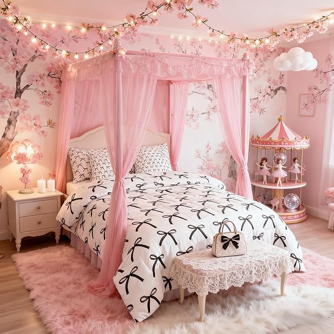 7 Pieces Cartoon Bowknot Kids Comforter Queen Size,Bow Tie Geometric Patchwork Modern Girls Bedding Set,Bow Butterfly Knot Black White（Comforter+Fitted+Flat+2 Pillowcases+2 Throw Pillow Covers）