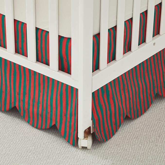 Brandream Scallop Edge Cotton Crib Skirt Toddler Bedskirt Boho Farmhouse Baby Nursery Bedding Neutral Solid Color with Red Green Stripes Christmas Holiday Chic