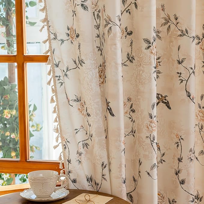 ENJOYBRIDAL Floral Curtains 63 Inches Long 2 Panels Set Farmhouse Rod Pocket Drapes for Bedroom Boho Cute Short Window Curtain Panels Rustic Living Room Semi Sheer Cottage Vintage Window Treatments