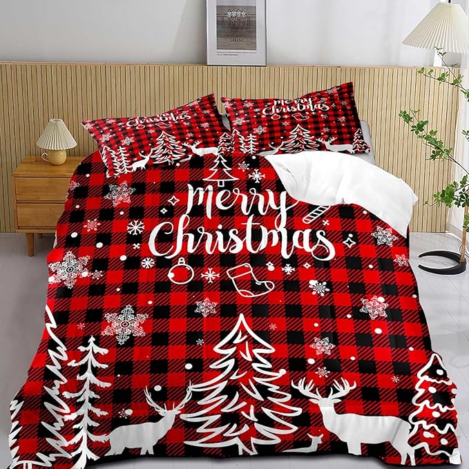 LUVIVIHOME 2PCS Christmas Comforter Set Twin Size, Plaid Bedding, Red and Black Buffalo Check Snowflake Forest Deer Merry Christmas Bedroom Decor, Soft Microfiber Quilt, Xmas Gifts, 1 Pillow Sham