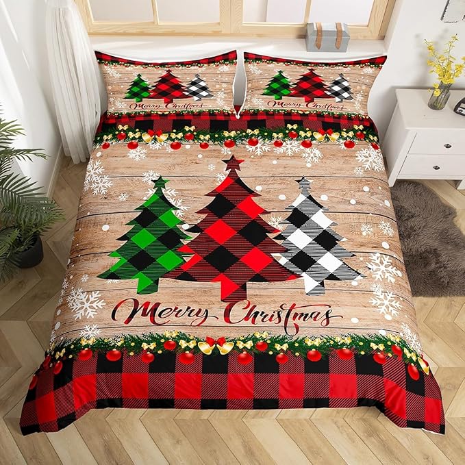 Manfei Plaid Tree Duvet Cover Set Twin Size, Wooden Stripe Print Bedding Set 2pcs for Kids Boys Girls Bedroom Decor, Christmas Theme New Year Comforter Cover with 1 Pillowcase,No Comforter