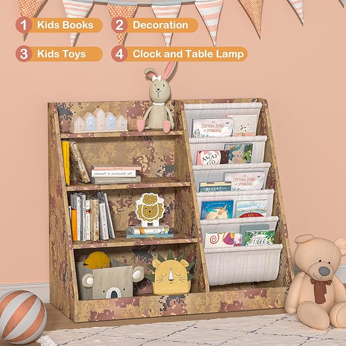 NACHES Kid Bookshelf Toddler Montessori Bookcase, with 5 Sling 4 Tier Shelf, for Bedroom, Living Room, Nursery, Playhouse(Camouflage Color)