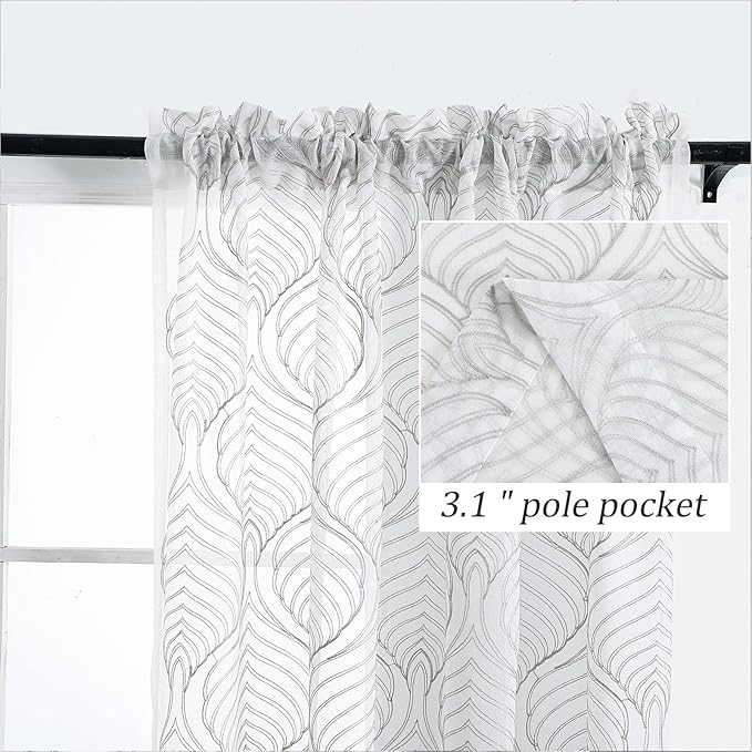 VISIONTEX Sheer Curtains 72 Inches Long 2 Panels Set Grey Moroccan Embroidery Texture Geometric Rod Pocket Ivory White Voile Tulle Semi Window Treatment Pair for Bedroom Living Room 54 x 72 Inches