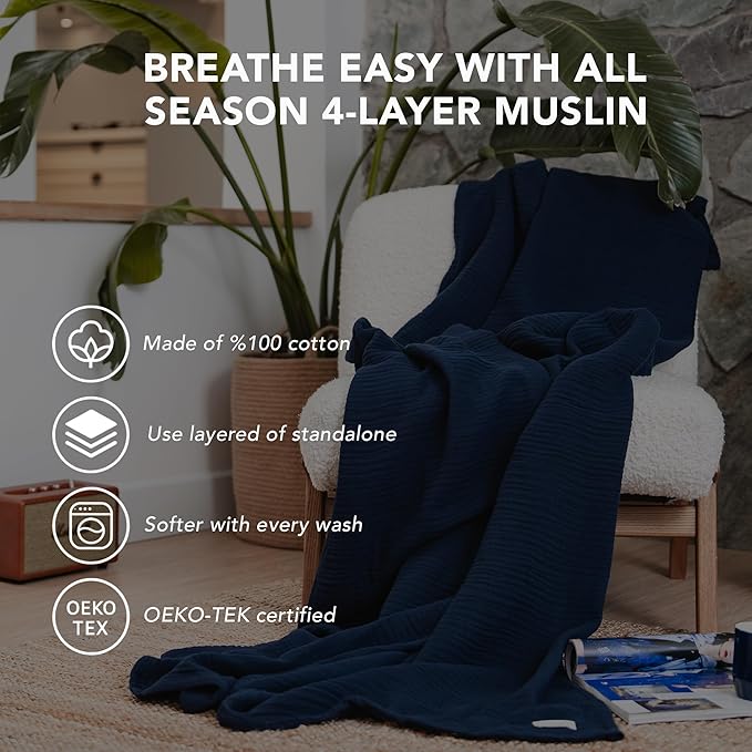 Goqan Muslin Blanket Queen 79x90 – 100% Cotton 4 Layer Boho Muslin Blanket for Adults, Lightweight, Soft, Breathable for Bed, Couch - Navy