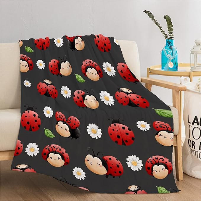 Thuswarm Cute Watercolor Ladybugs Grey Flannel Throw Blanket Warm Cozy Soft Funny Print Blankets for Bed Couch Sofa Room Decoration Gifts 80”×60” Large for Adult