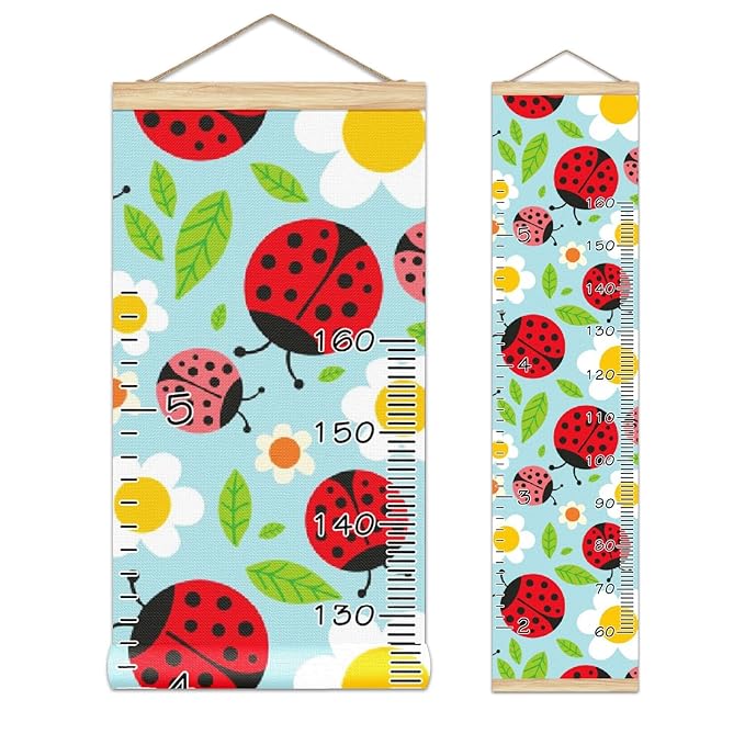 Personalized Kids Name Growth Chart Ruler for Wall Wood Frame Height Measure Chart 13.4x56 in Linen Hanging Height Growth Chart Ladybugs and Flowers Kids Room Decor
