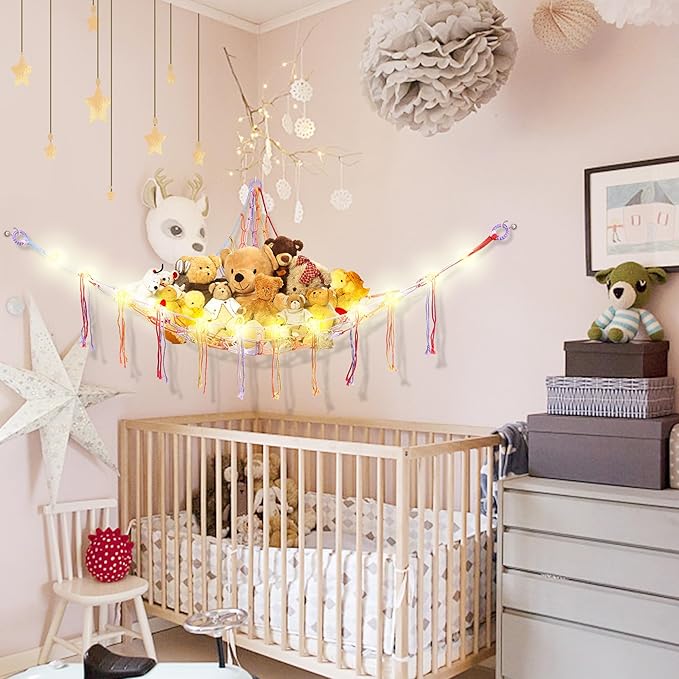 Stuffed Animal Hammock with LED Light, Large Stuffed Animals Storage Corner Plushie Net for Kids Room Decor, Rainbow