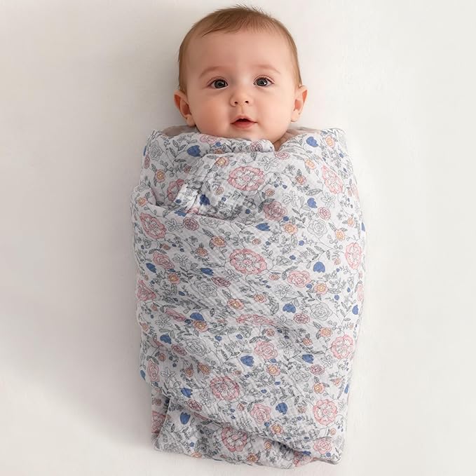 NTBAY 2 Layer Muslin Cotton Baby Swaddle Blanket, 30x40 Soft and Breathable Receiving for Newborns and Infants, Perfect for Crib, Stroller, Travel, Lightweight Nursery Blanket, Vintage Floral