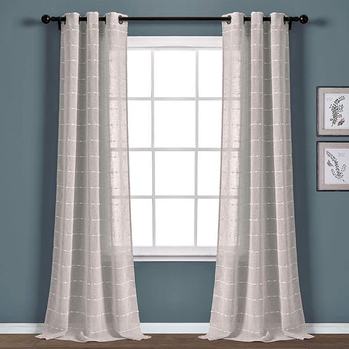 Lush Decor Farmhouse Textured Grommet Sheer Window Curtain Panel Pair, 38"W x 95"L, Gray
