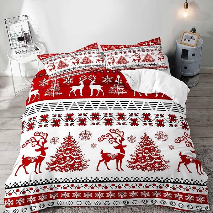LUVIVIHOME 2PCS Christmas Duvet Cover Twin Bedding Sets, Red and White Striped Duvet Cover, Reindeer Deer Christmas Tree Snowflake Winter Holiday Xmas New Year Comforter, 1 Pillow Sham