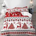 LUVIVIHOME 3PCS Christmas Duvet Cover Full Bedding Set, Red and White Striped Duvet Cover, Reindeer Deer Christmas Tree Snowflake Winter Holiday Xmas New Year Christmas Comforter Cover, 2 Pillow Shams