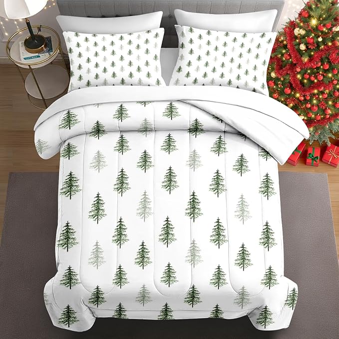7 Pcs Queen Size Christmas Comforter Set with 2 Pillowcases & 2 Shams, Nature Simple Pine Tree Bedding for Kids and Adults, Winter Merry Xmas Bed in a Bag with Flat Fitted Sheet