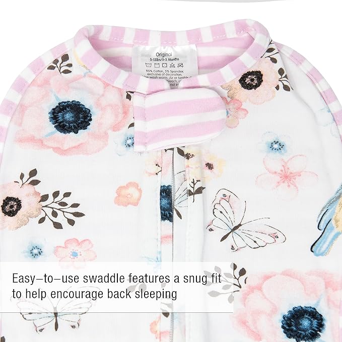 Woombie Original Baby Swaddling Blanket - Self-Soothing, Cotton Baby Swaddle with Zipper - Wearable Newborn Blanket, Birdie Front/Stripes Back, 5-13 lbs