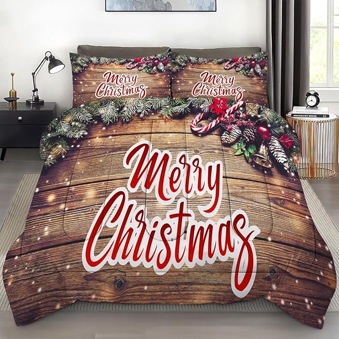 Christmas Comforter Set King: Christmas Wood Grain Bedding Sets Festival Gift Xmas for Girls Women Teens Bedroom Quilt Set 1 Comforter & 2 Pillowcases