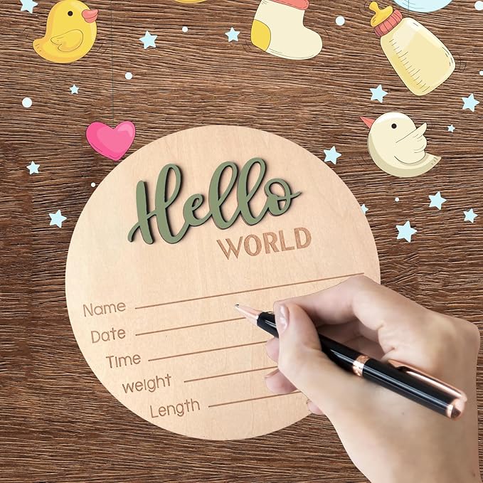 Baby Announcement Sign, 5.9 Inch Wooden Hello World Newborn Signs, Birth Announcement Sign, Baby Shower Hospital Nursery for Newborn Boys and Girls (Forest Green)
