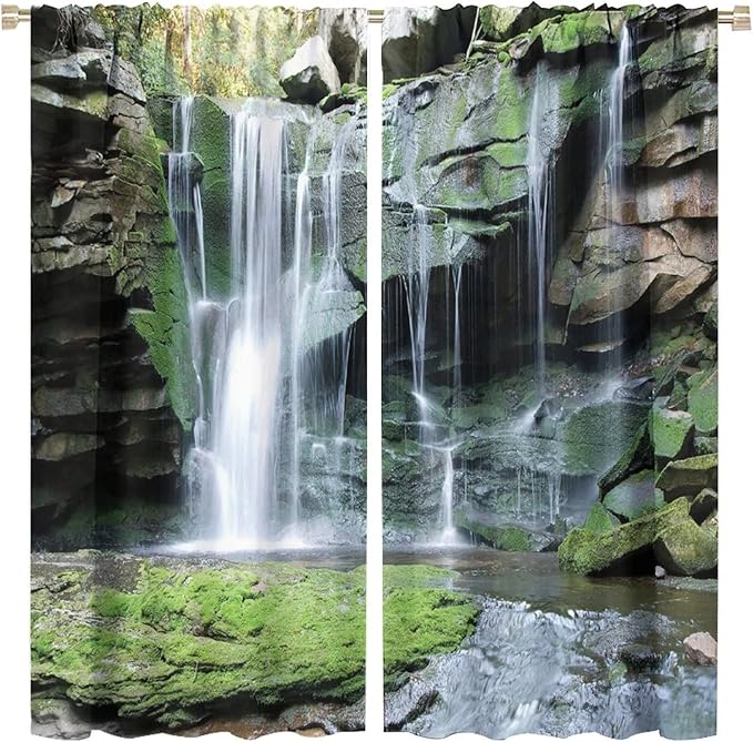 Forest Waterfall Blackout Windows Curtains, Rocky Waterfall to Pond Running Off Scenic Nature Themed Picture Print Curtains, for Living Room Bedroom 63x63in 2 Panels