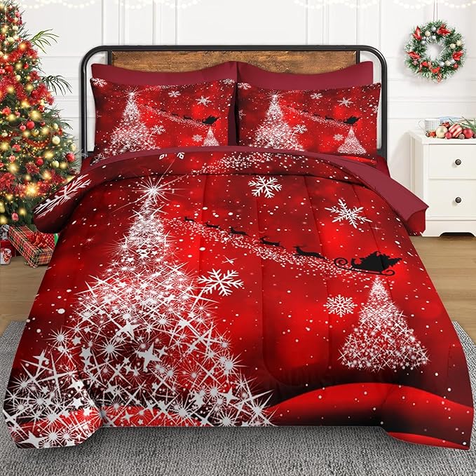 5 Pcs Twin Size Christmas Comforter Set with Pillowcase & Sham, Glitter Pine Tree Bedding for Kids and Adults, Winter Elegant Snowflake Bed in a Bag with Flat Fitted Sheet