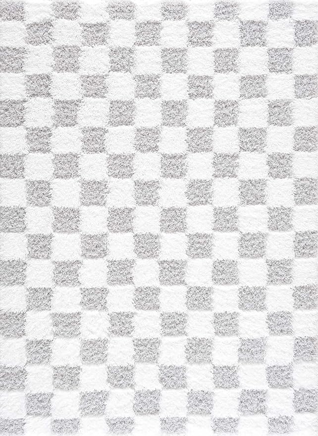 Hauteloom Atira Contemporary Checkered Fluffy Shag Area Rug - Modern Geometric Carpet Tiles for Living Room, Kids Room, Nursery - Plush Pile - Gray, Cream, White - 6'7" x 9'6"