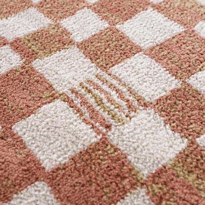 Hauteloom Pertek Modern Checkered Area Rug - Modern Geometric Carpet for Living Room, Kids Room, Nursery - Bohemian Boho Carpet - Cream, Beige, Light Red, Somon - 6'7" x 9'