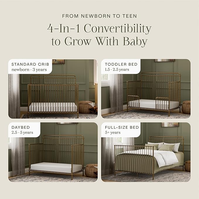 NAMESAKE Winston 4-in-1 Convertible Crib - GREENGUARD Gold Certified Metal Baby Crib Convertible to Toddler Bed, Daybed, Full Size Bed w/ 4 Mattress Heights - Vintage Gold Bedside Crib for Baby