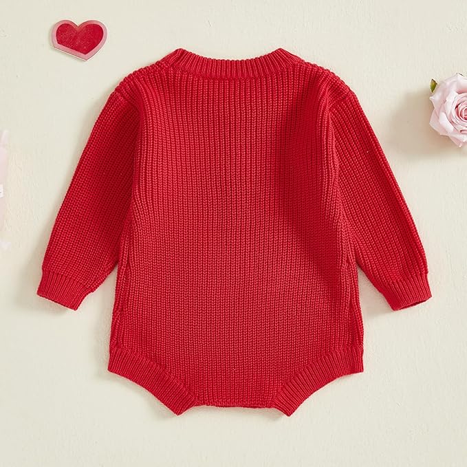Lesimsam Newborn Baby Boy Girl Valentines Day Outfit Oversized Embroidery Long Sleeve Knit Sweater Bubble Romper Bodysuit