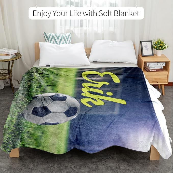 Personalized Baby Balll Soft Blanket: Custom Kids Soccer Design Blanket with Name and Number - Bedding Gifts for Infants Toddlers Adults 40x50inch