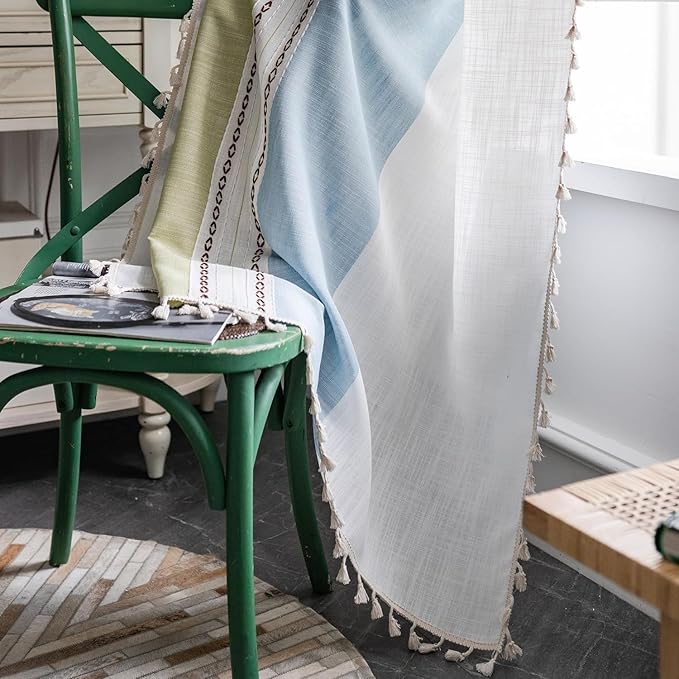 Deeprove Boho Linen Curtains 84 inch for Bedroom Living Room, Semi Blackout Textured Farmhouse Tassels Window Treatment Bohemian Embroidery Drape Rod Pocket 1 Panel 52" W x 84" L, Blue and Sage Green