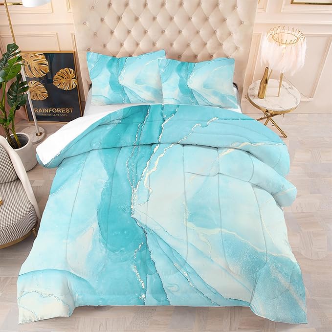 Blue Twin Comforter Set: Twin Size Light Blue Marble Bedding Sets for Teens Girls Kids Abstract Glitter Marbling Quilt Duvet Bed Set 1 Comforter & 1 Pillow Case