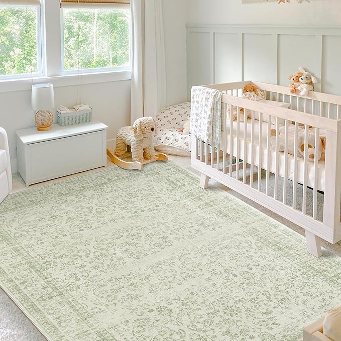 Sage Green Area Rugs Washable Rug for Living Room Bedroom, Faux Wool Soft No Slip Floral Boho Vintage Extra Large Carpet for Dining Room 9x12