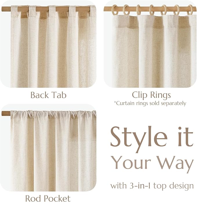 jinchan Beige Linen Blend Curtains 63 Inches Length 2 Panels for Bedroom Living Room, Semi Sheer 50 Inches Wide Natural Farmhouse Cottage Core Style Drapes with Rod Pocket Back Tab (50W x 63L, Ecru)