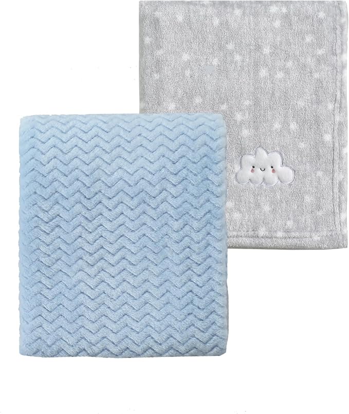 CREVENT 2Pcs 30''X40'' Cute Cozy Fluffy Warm Baby Blankets for Infants Toddlers' Bedding Crib Cot Stroller - Grey Cloud + Wave Blue