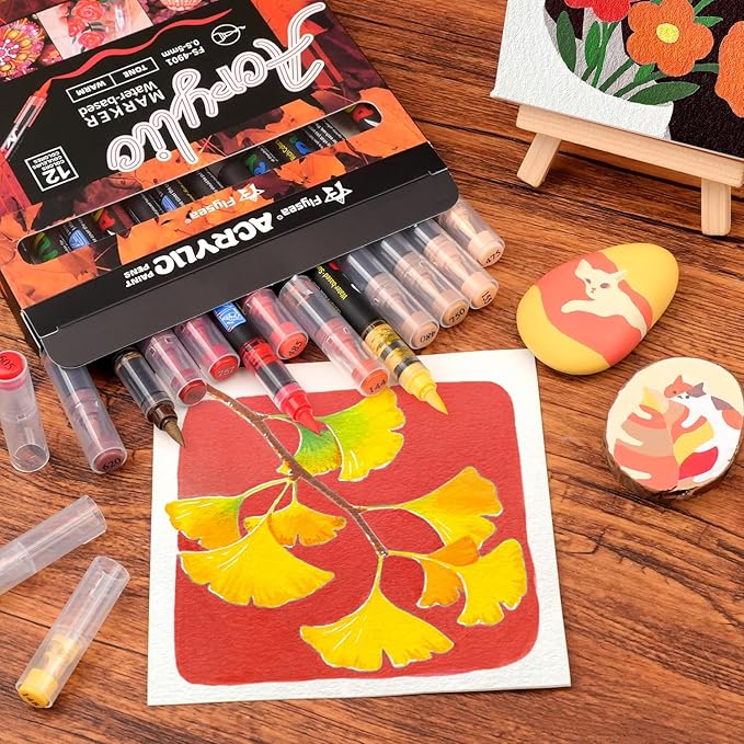 Paint Pens Acrylic Markers - 12 Warm Tone Brush Tip Water Based Marker Pens for Rock Painting, Wood, Ceramic, Glass, Acrylic Paint Markers for Egg Pumpkin