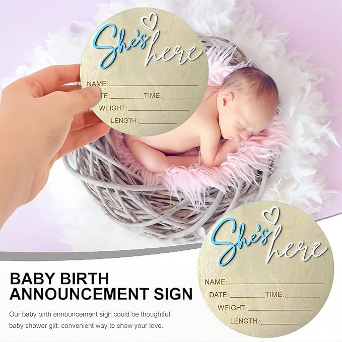 Baby Announcement Sign, 5.9 Inch Wooden Hello World Newborn Signs, Birth Announcement Sign, Gender Reveal Signs, She's here Decoration, Welcome Newborn Arrival To World, Hospital Nursery for Baby