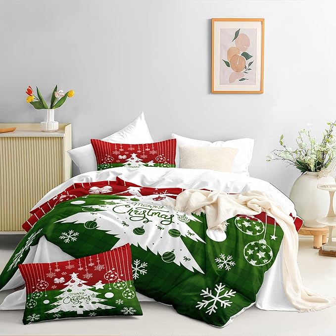 Red Christmas Duvet Cover Twin Size Green Christmas Tree Gingham Bedding Set 2 Pieces Kids Boys Girls Checked Holiday Pattern Comforter Cover with Zipper Closure And 1 Pillowcase (No Comforter)