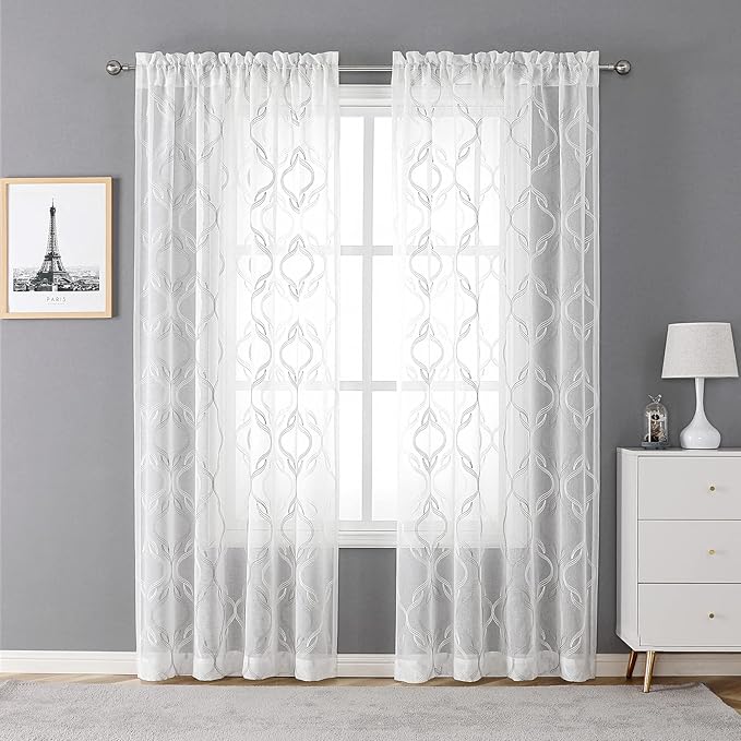 VISIONTEX Sheer Curtains 84 Inches Long 2 Panels Set, Grey and Ivory Two Tone Textured Moroccan Embroidery Geometric Rod Pocket Ivory Voile Tulle Semi Window Treatment Pair for Bedroom, W54 x L84
