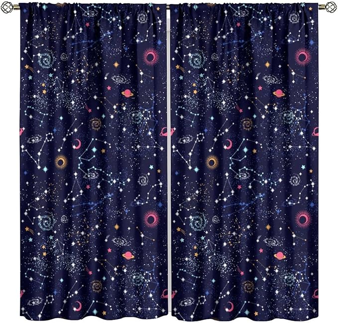 Kids Galaxy Curtains, Fantasy Stars Outer Space Universe Planets Print Window Treatments for Boys Girls Bedroom Nursery Playroom 55" W X 63" L