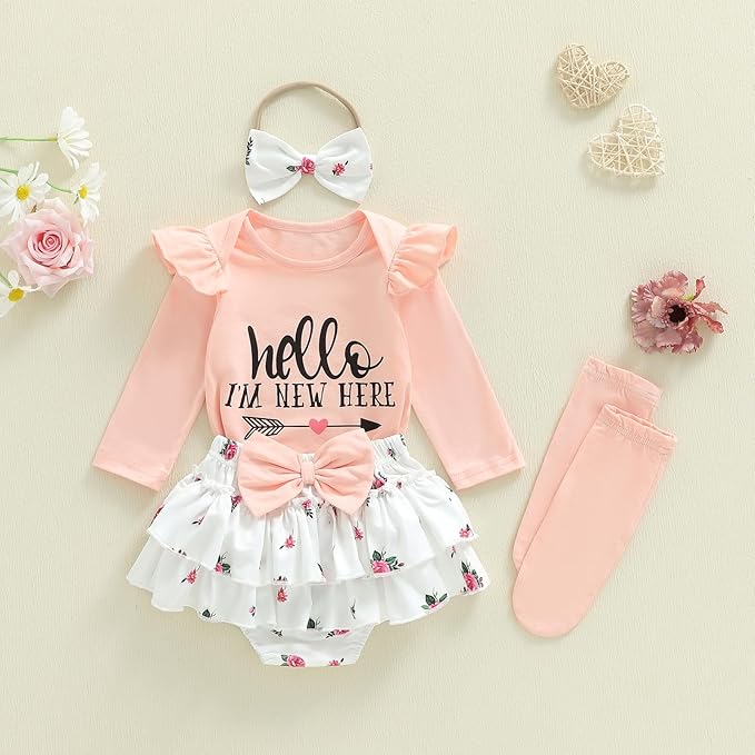 Newborn Baby Girl Clothes Hello I'm New Here Romper Ruffle Shorts Tutu Skirt Set Cute Infant Coming Home Outfits
