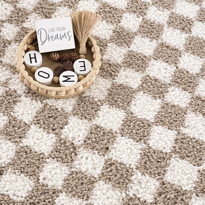 Hauteloom Kieu Contemporary Checkered Fluffy Shag Area Rug - Modern Geometric Soft Carpet Tiles for Living Room, Kids Room, Nursery - Gray, Taupe, White - 7'10" x 10'