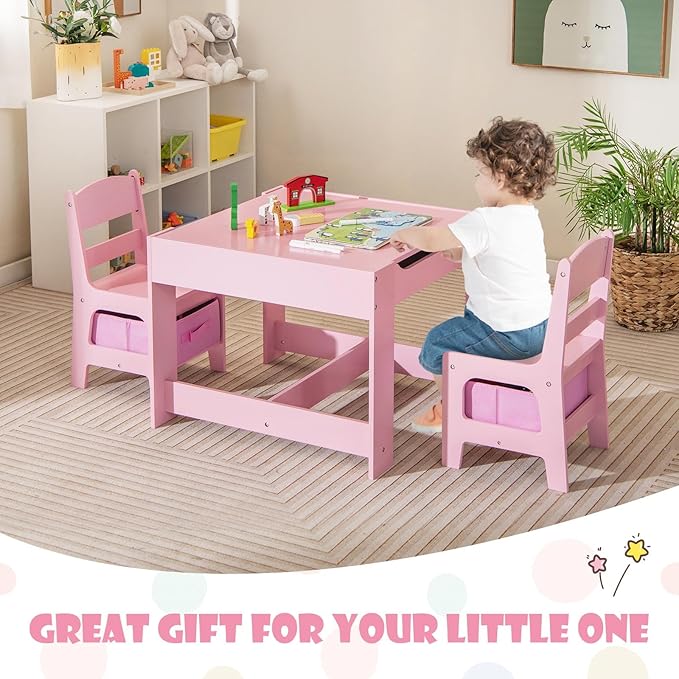 HONEY JOY Kids Table and Chairs, 3-in-1 Children Wooden Activity Set with Storage, Detachable Tabletop, for Art, Craft, Drawing, Reading, Gift for Toddlers Boys Girls 3-7 Years Old (Pink)