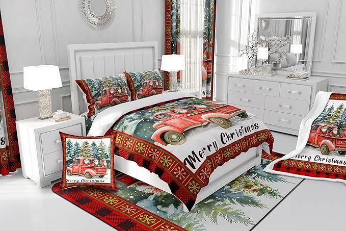 Merry Christmas Comforter Set King Size,Retro Red Truck Christmas Tree Duvet Insert for Kids Boys Girls Room Decor,Gnome Snowflake Xmas Bedding Set 3Pcs,Black Red Plaid Quilt Set,2 Pillowcases
