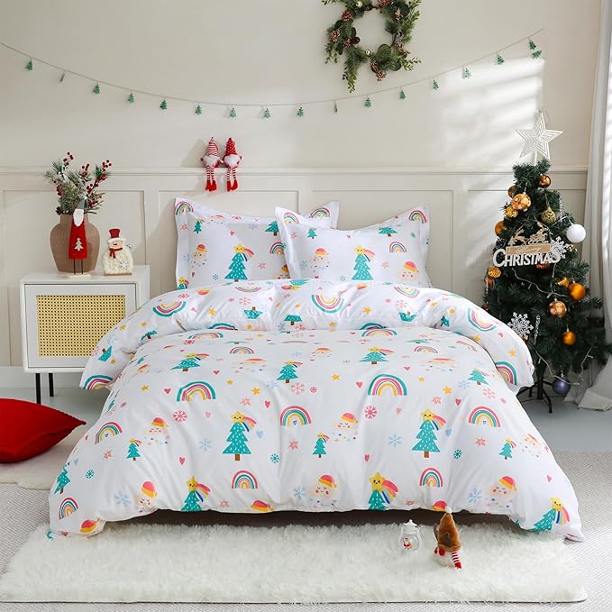 JSD Christmas Kids Duvet Cover Set Full Size, 3 Piece Rainbow Tree Microfiber Comforter Cover with Pillow Shams Zipper Closure, Comforter Not Included