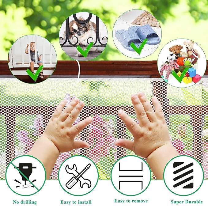 Child Safety Net, Durable Banister Guard for Baby Safety Stairs Railing Balcony Cribs, Banister Stair Mesh Baby Proofing, Easy to Install Stair Netting for Kids, Pets, Toys - (10ft Lx3ft H) White