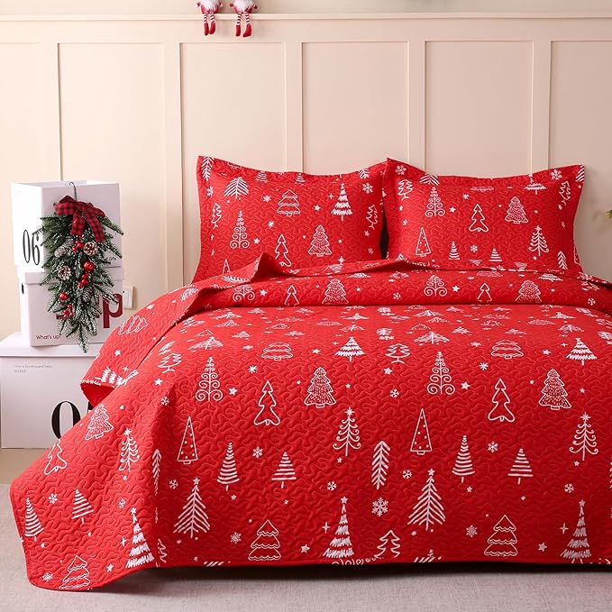 JSD 2 Pcs Kids Christmas Quilt Set Twin Size, Red Christmas Tree Bedding, Soft Microfiber Bedspread Coverlet Holiday Quilted Blanket