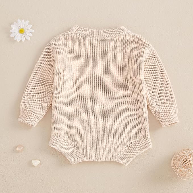 Lesimsam Newborn Baby Boy Girl Valentines Day Outfit Oversized Embroidery Long Sleeve Knit Sweater Bubble Romper Bodysuit