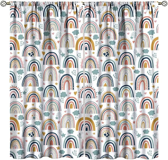 Kids Rainbow Curtains Boho Cartoon Colorful Stars Love Heart Lovely Abstract Art Pattern Print Window Drapes for Girl Bedroom Living Room Kitchen Decor,2 Panel Set,63Wx63H Inch Blackout