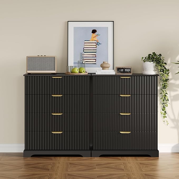 Fluted Dresser with 4 Drawers for Bedroom, 36.6" Tall Dresser with Charging Station, Wooden Chest of Drawers for Bedroom, Living Room, Entryway, Black