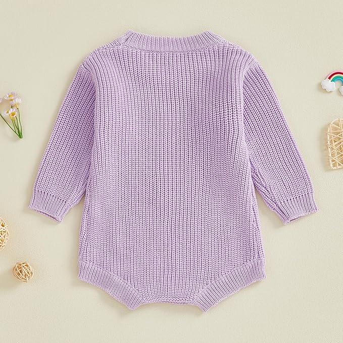 Lesimsam Newborn Baby Boy Girl Valentines Day Outfit Oversized Embroidery Long Sleeve Knit Sweater Bubble Romper Bodysuit