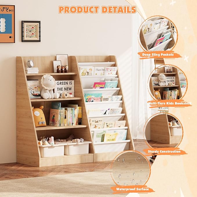 NACHES 4 Tier Kid Bookshelf Wooden 6 Sling Children Bookcase Toddler Montessori Bookcase Book Rack Display Toy Storage Organizer Book Display Shelf Stand Classroom Bedroom Nursery Playroom (Burlywood)