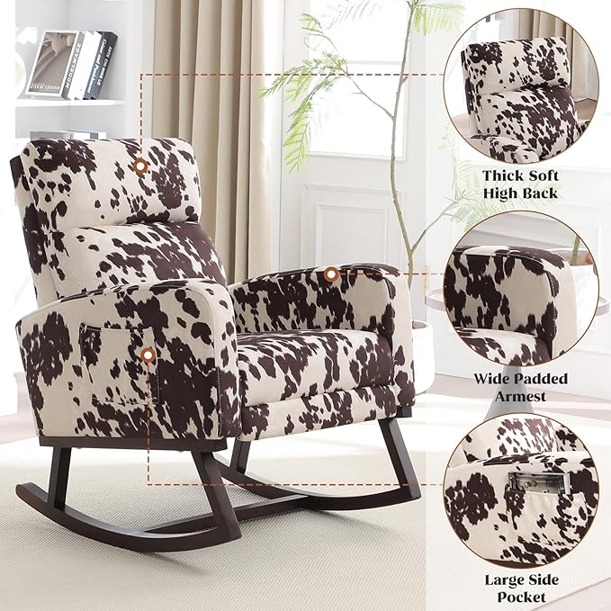 Rocking Chair Nursery with Foot Rest, Nursing Rocking Chairs for Mom Nursery, Rocker Glider with High Backrest for Living Room, Bedroom, Cow Printed